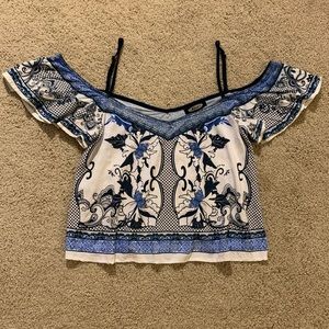 Blue and white cold shoulder top